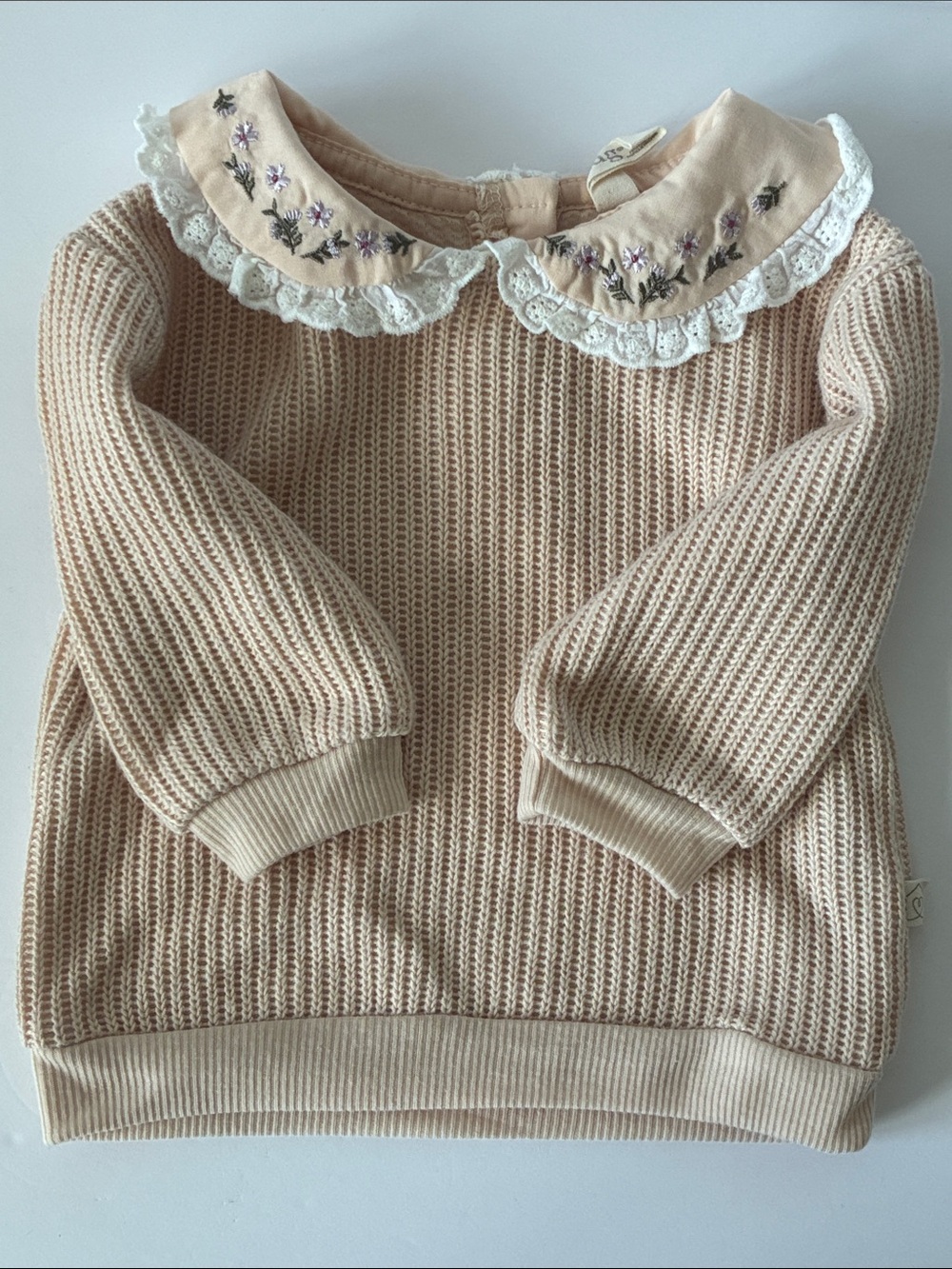 Girls Snug Cream Knit Sweater Top with Embroidered Floral Peter Pan Collar
